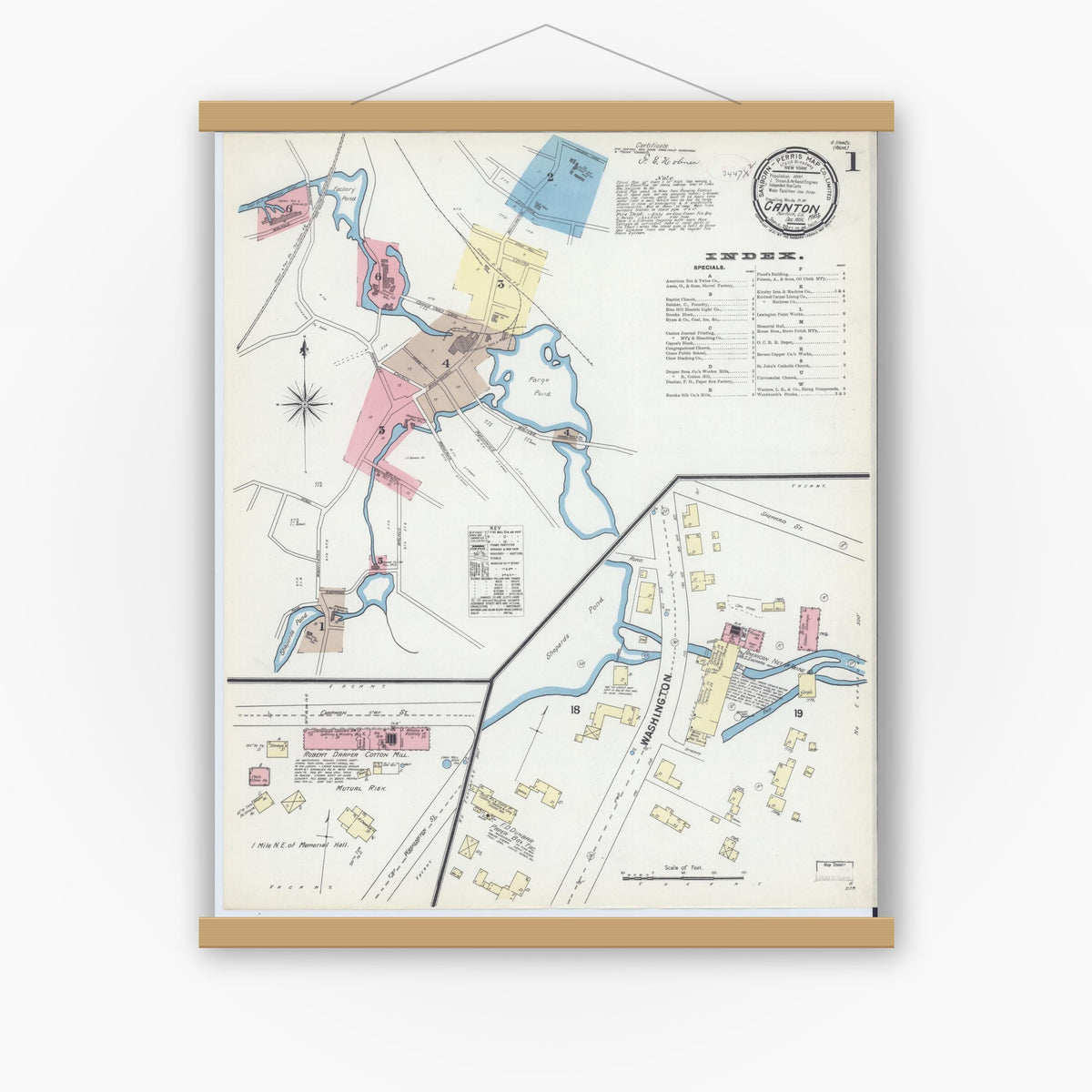 Old map wall art mockup — magnetic wood frame on white wall — Sanborn Fire Insurance Map from Canton, Norfolk County, Massachusetts (1891) - Complete Map Set