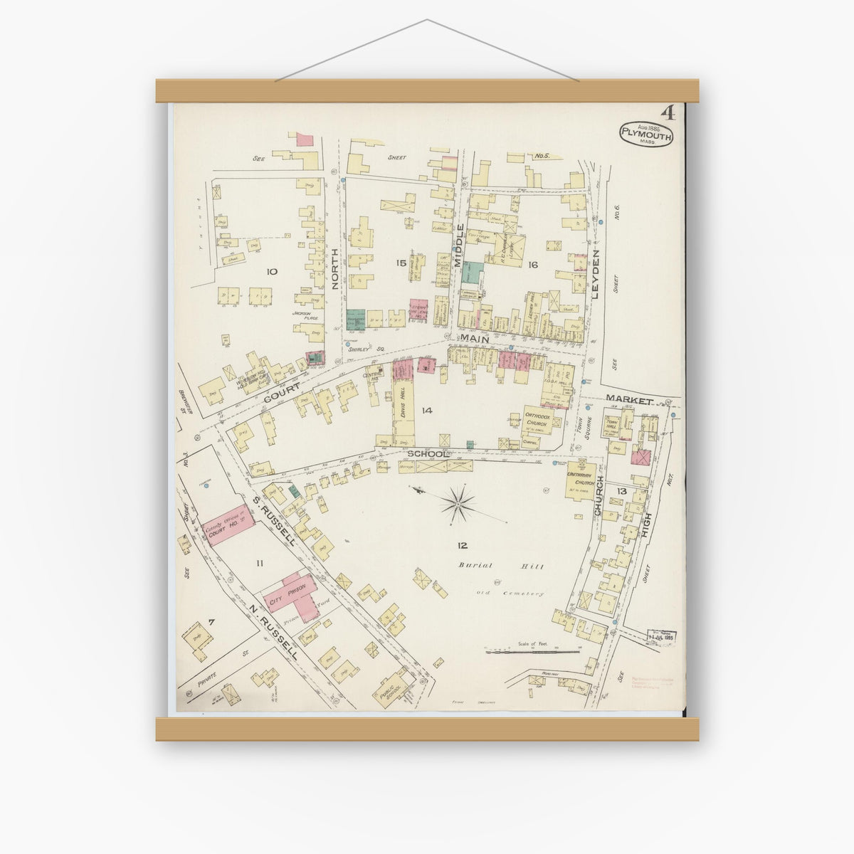 Old map wall art mockup — magnetic wood frame on white wall — Sanborn Fire Insurance Map from Plymouth, Plymouth County, Massachusetts (1885), Sheet #0004