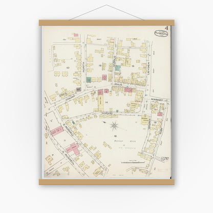Old map wall art mockup — magnetic wood frame on white wall — Sanborn Fire Insurance Map from Plymouth, Plymouth County, Massachusetts (1885), Sheet #0004