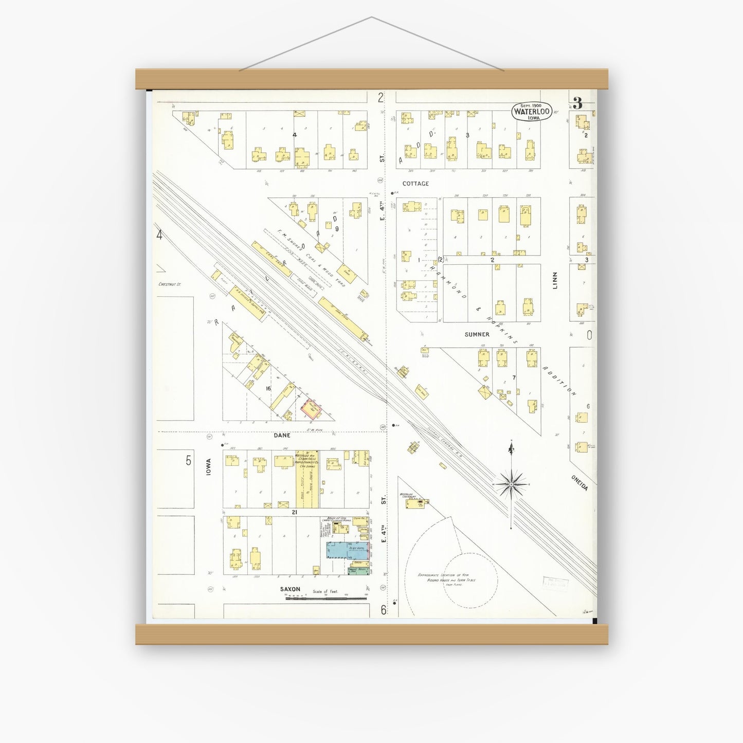 Old map wall art mockup — magnetic wood frame on white wall — Sanborn Fire Insurance Map from Waterloo, Black Hawk County, Iowa (1900), Sheet #0003