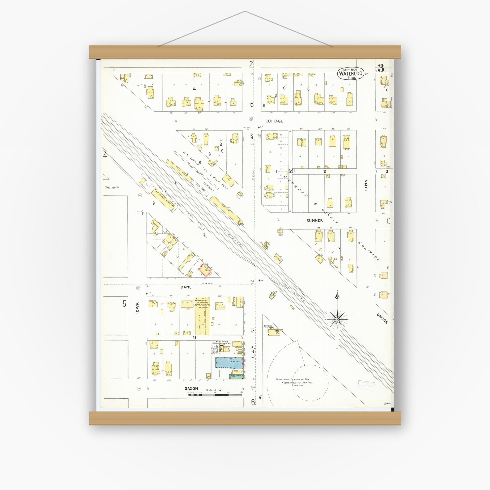Old map wall art mockup — magnetic wood frame on white wall — Sanborn Fire Insurance Map from Waterloo, Black Hawk County, Iowa (1900), Sheet #0003