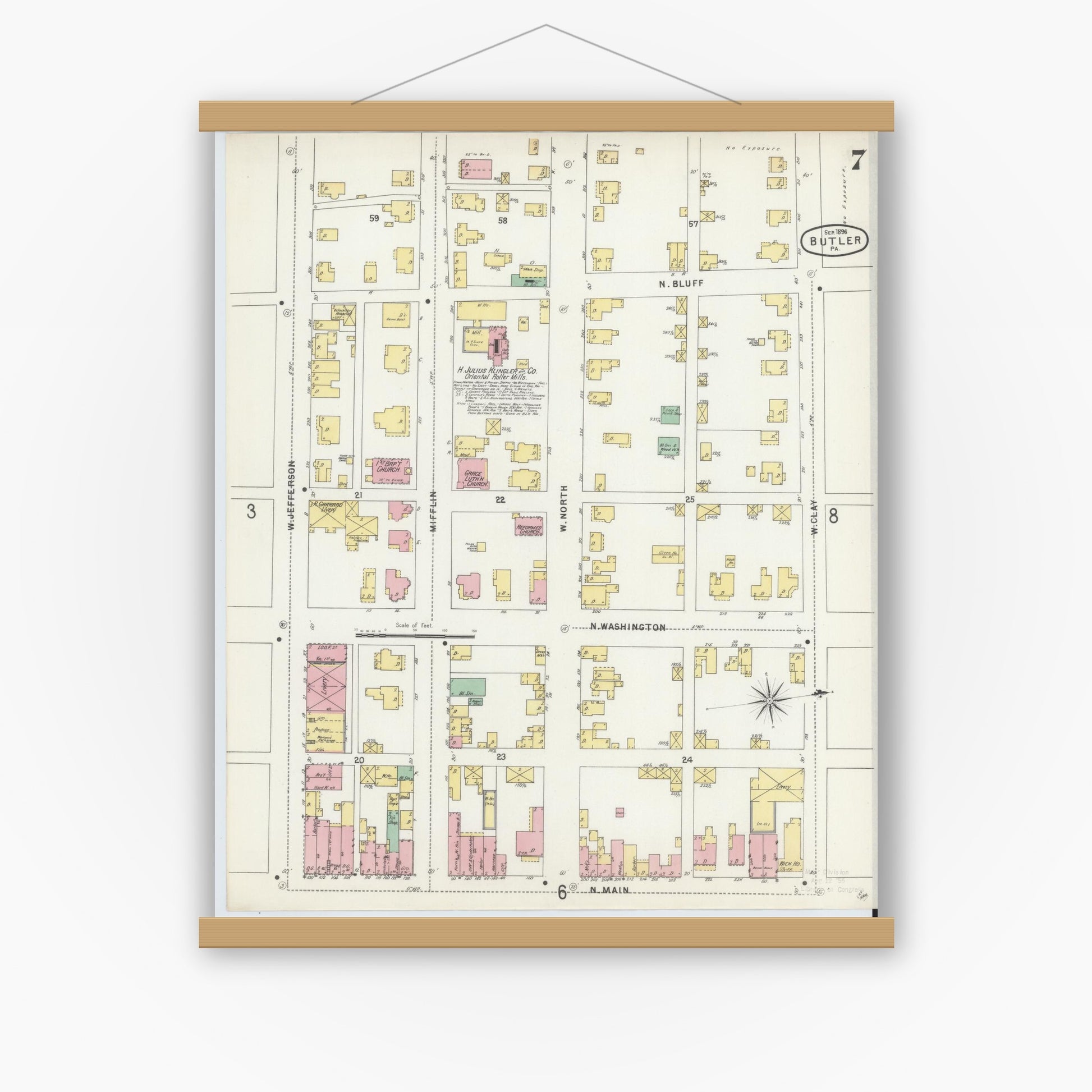 Old map wall art mockup — magnetic wood frame on white wall — Sanborn Fire Insurance Map from Butler, Butler County, Pennsylvania (1896), Sheet #0007