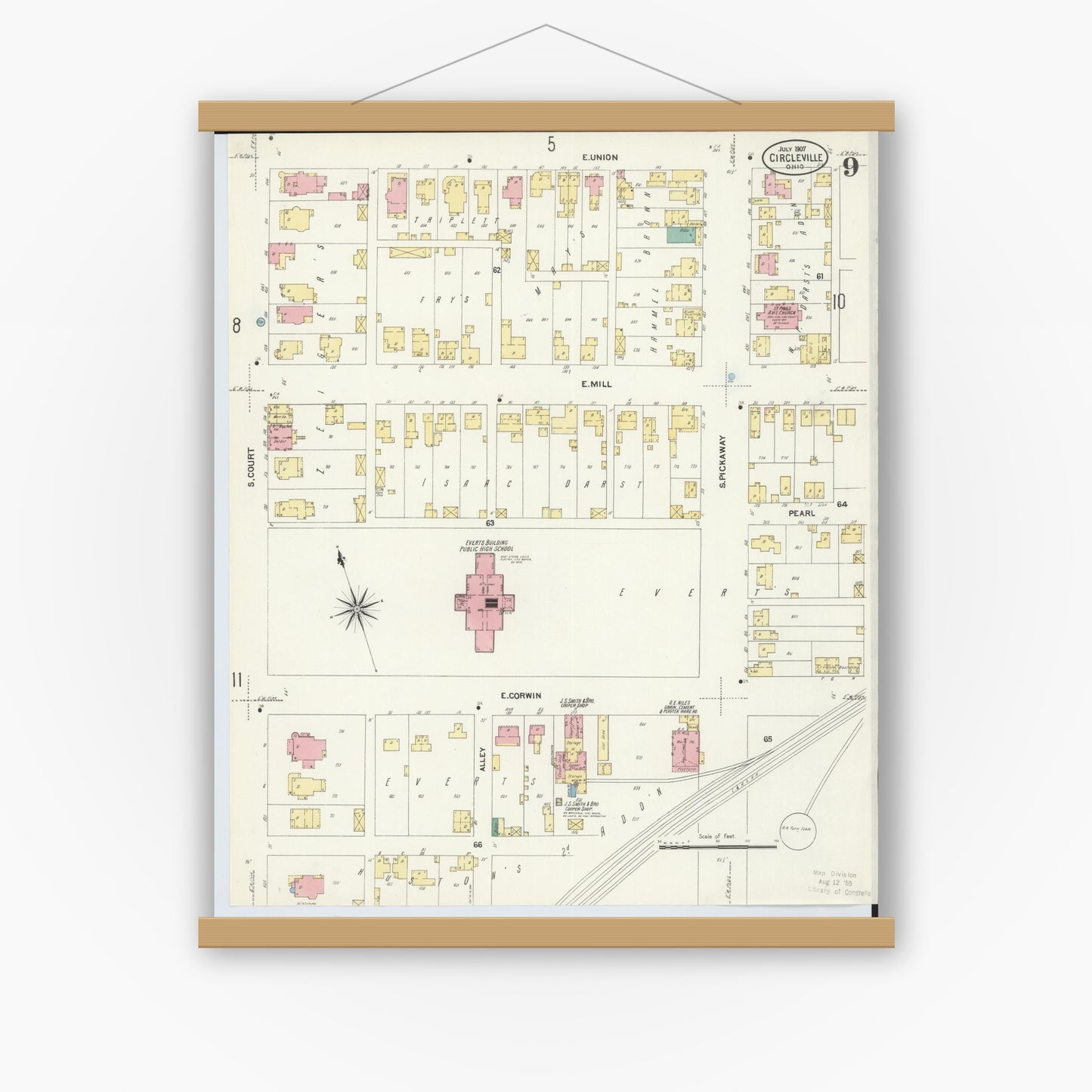 Old map wall art mockup — magnetic wood frame on white wall — Sanborn Fire Insurance Map from Circleville, Pickaway County, Ohio (1907), Sheet #0009