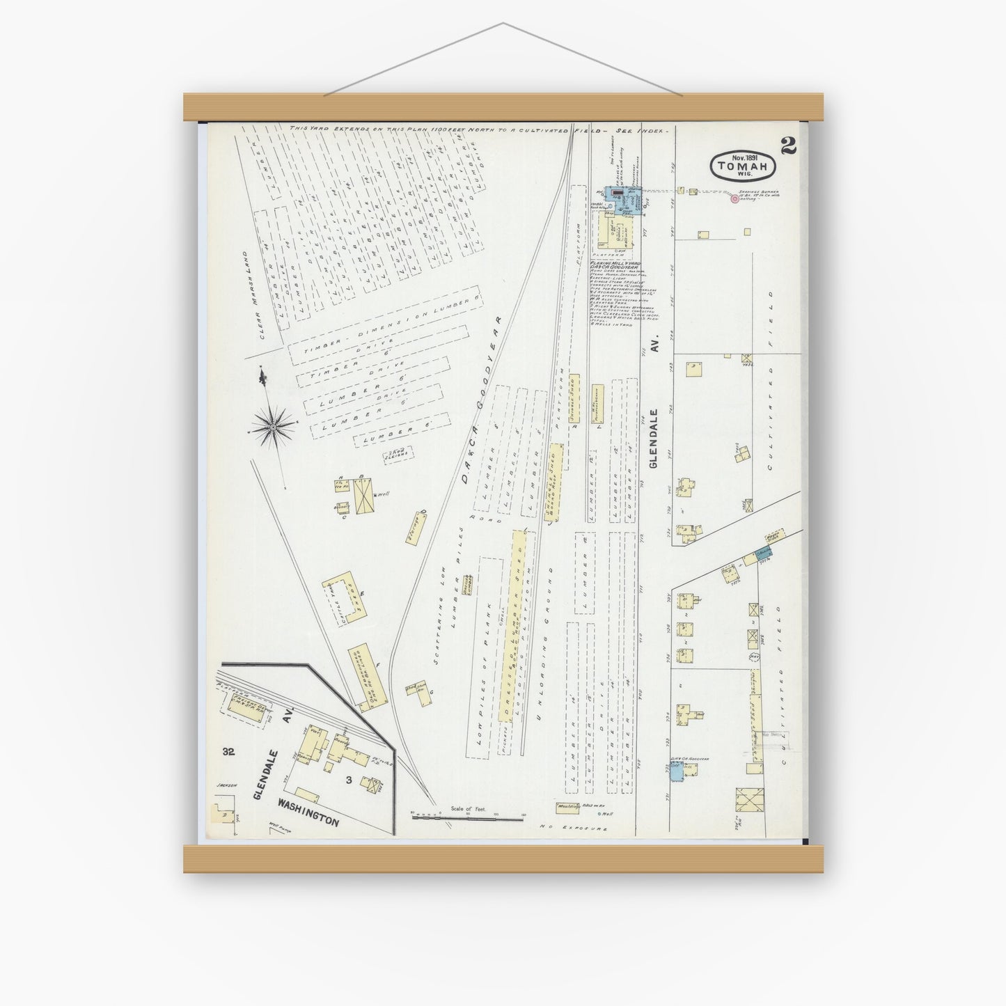 Old map wall art mockup — magnetic wood frame on white wall — Sanborn Fire Insurance Map from Tomah, Monroe County, Wisconsin (1891), Sheet #0002