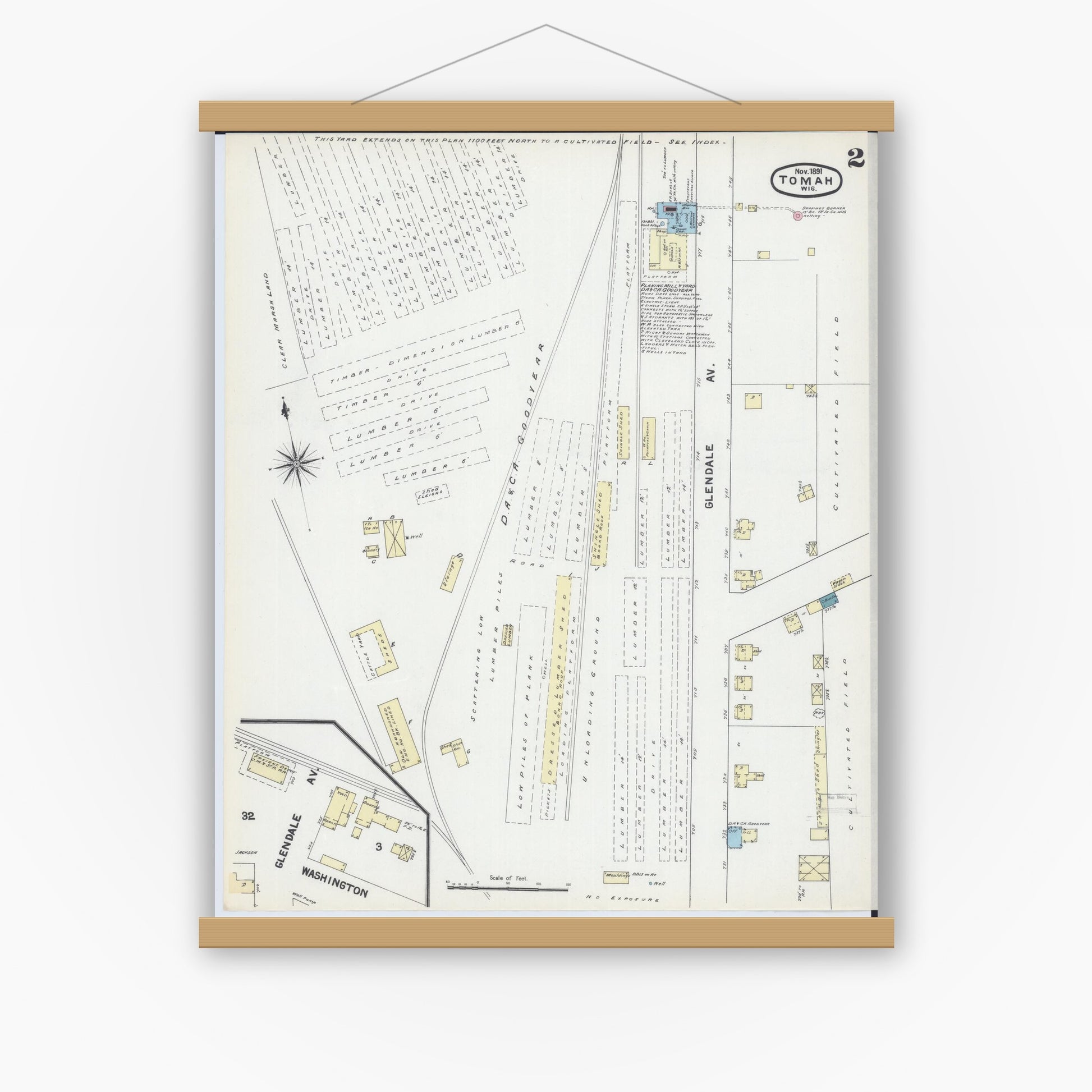 Old map wall art mockup — magnetic wood frame on white wall — Sanborn Fire Insurance Map from Tomah, Monroe County, Wisconsin (1891), Sheet #0002