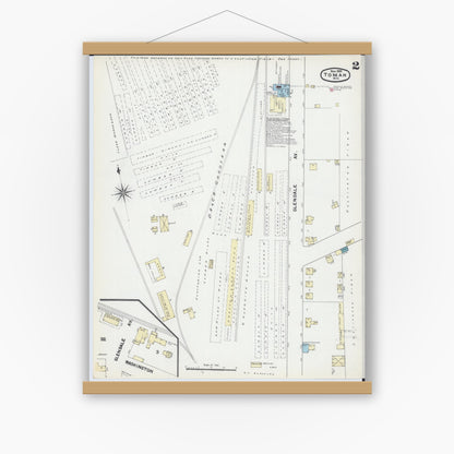 Old map wall art mockup — magnetic wood frame on white wall — Sanborn Fire Insurance Map from Tomah, Monroe County, Wisconsin (1891), Sheet #0002