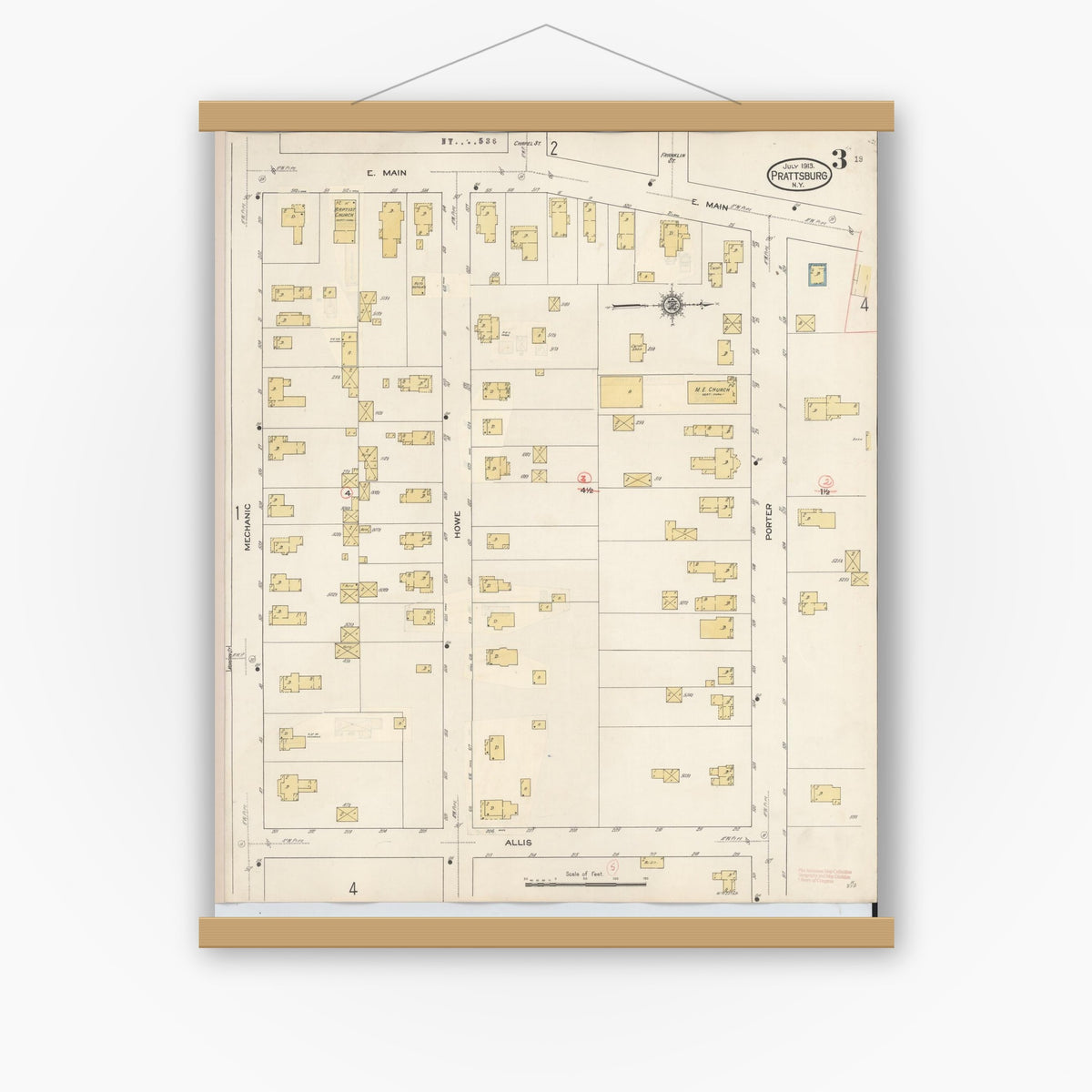 Old map wall art mockup — magnetic wood frame on white wall — Sanborn Fire Insurance Map from Prattsburgh, Steuben County, New York (1934), Sheet #0003