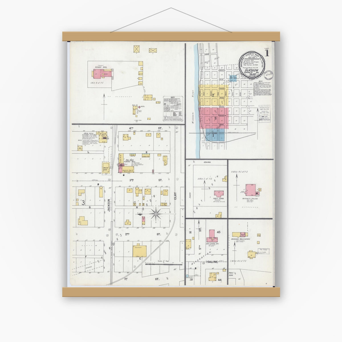 Old map wall art mockup — magnetic wood frame on white wall — Sanborn Fire Insurance Map from Glasgow, Howard County, Missouri (1900), Sheet #0001