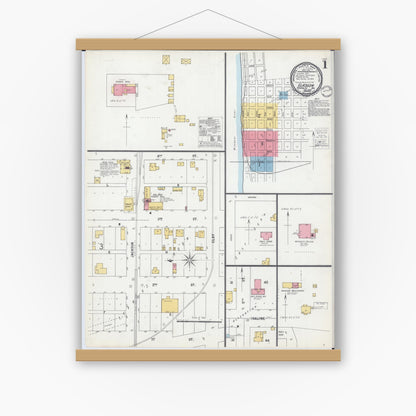 Old map wall art mockup — magnetic wood frame on white wall — Sanborn Fire Insurance Map from Glasgow, Howard County, Missouri (1900), Sheet #0001