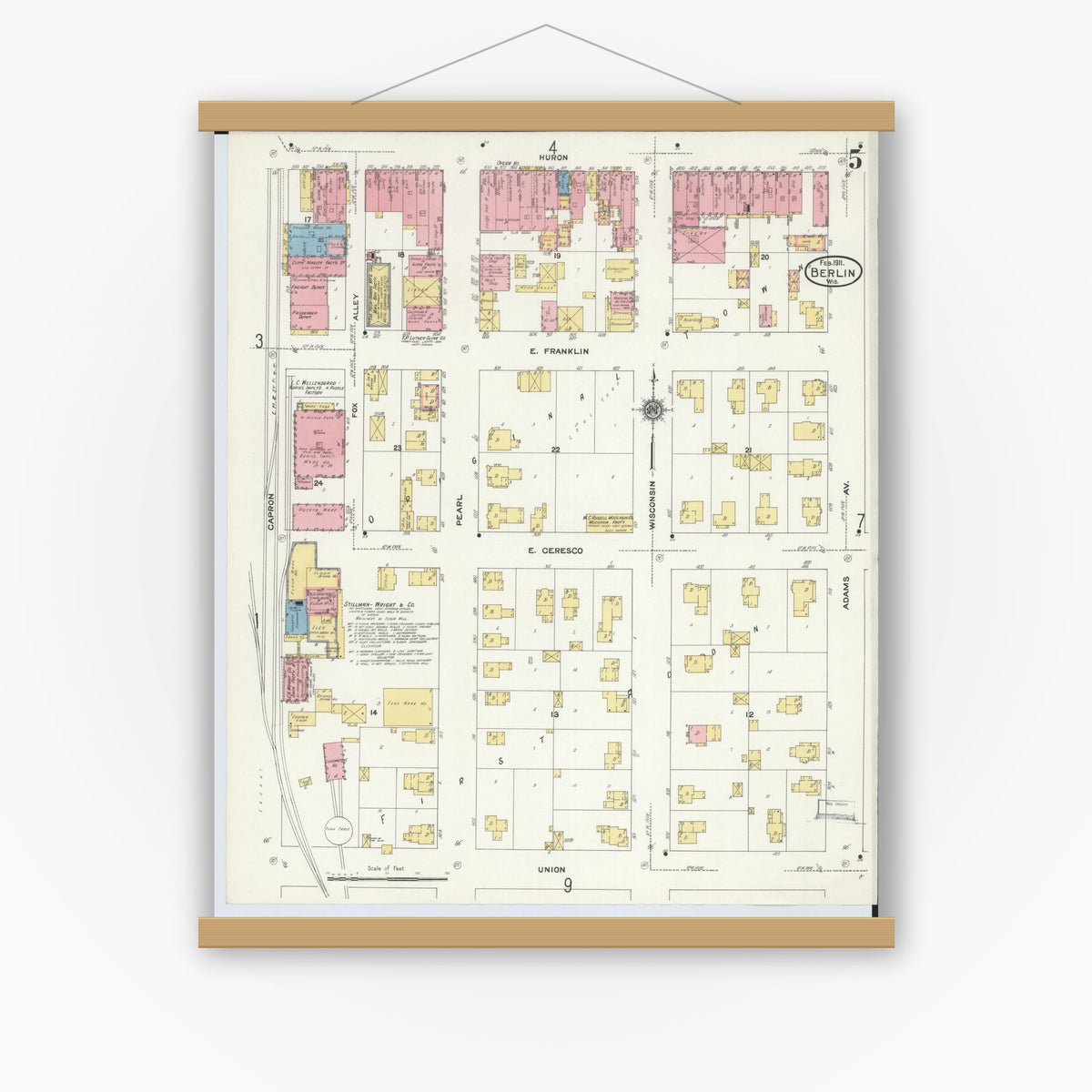 Old map wall art mockup — magnetic wood frame on white wall — Sanborn Fire Insurance Map from Berlin, Green Lake County, Wisconsin (1911), Sheet #0005