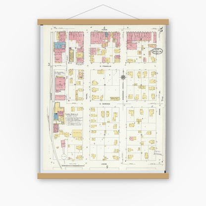 Old map wall art mockup — magnetic wood frame on white wall — Sanborn Fire Insurance Map from Berlin, Green Lake County, Wisconsin (1911), Sheet #0005
