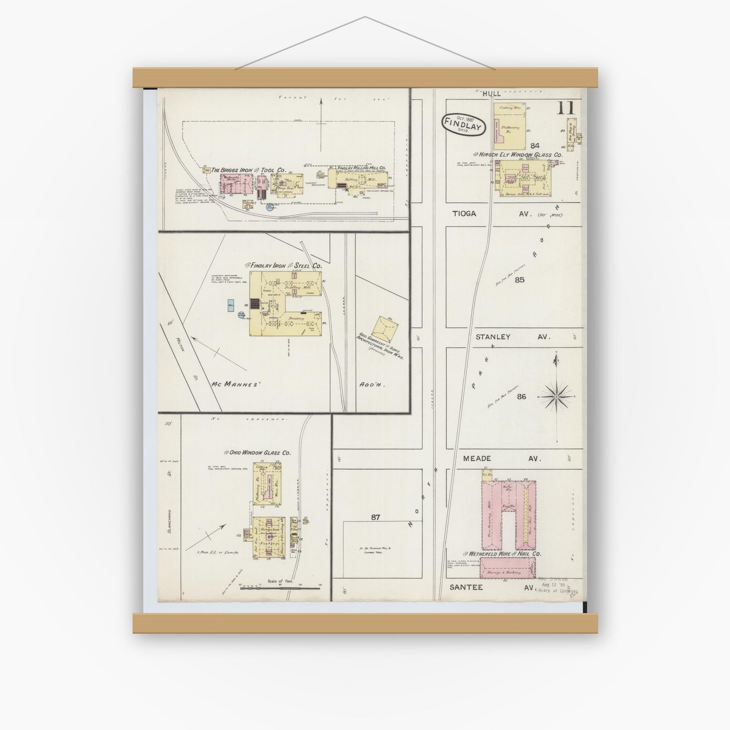 Old map wall art mockup — magnetic wood frame on white wall — Sanborn Fire Insurance Map from Findlay, Hancock County, Ohio (1887), Sheet #0011