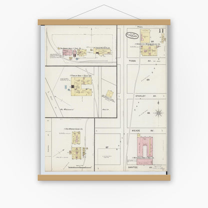 Old map wall art mockup — magnetic wood frame on white wall — Sanborn Fire Insurance Map from Findlay, Hancock County, Ohio (1887), Sheet #0011