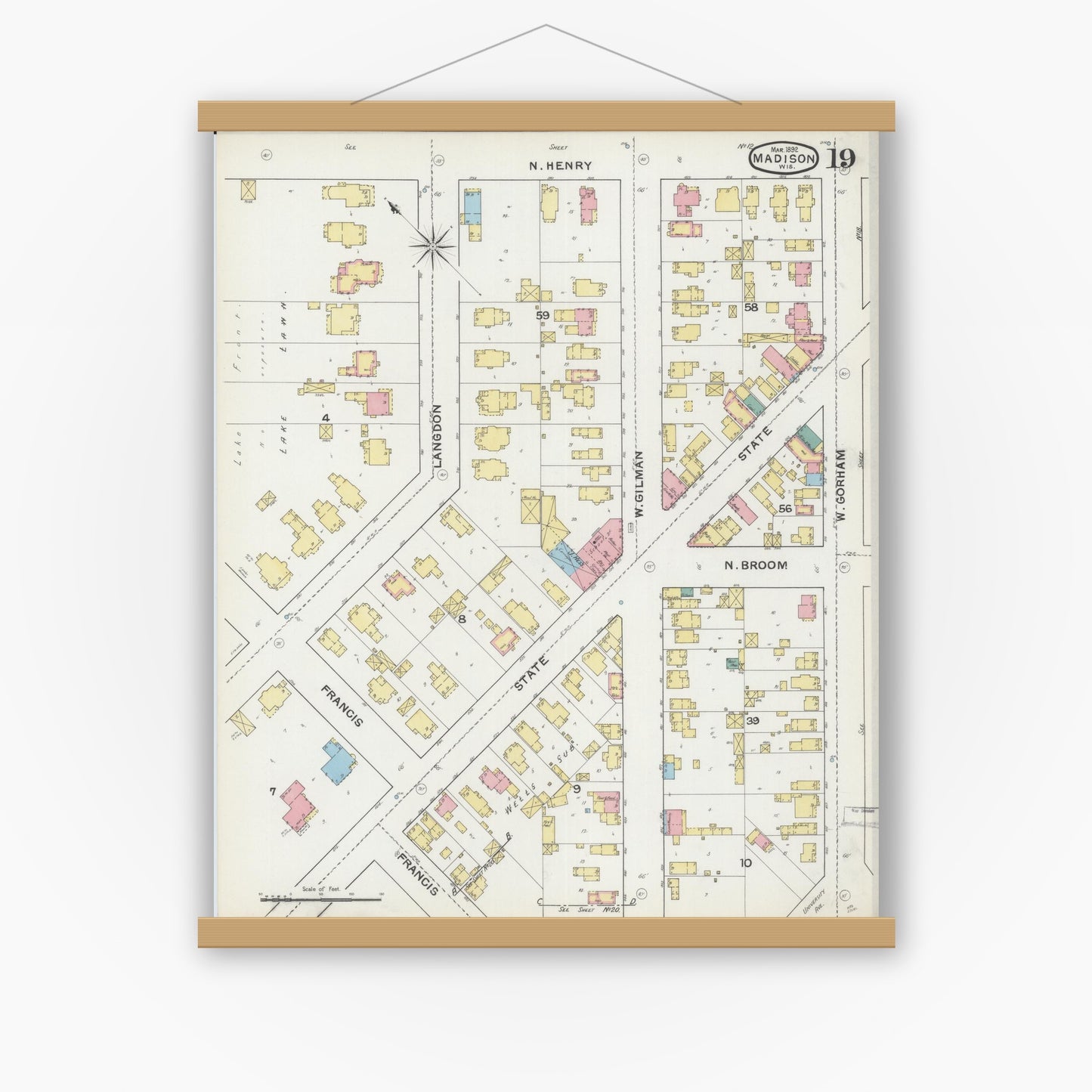 Old map wall art mockup — magnetic wood frame on white wall — Sanborn Fire Insurance Map from Madison, Dane County, Wisconsin (1892), Sheet #0019