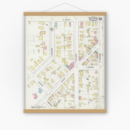 Old map wall art mockup — magnetic wood frame on white wall — Sanborn Fire Insurance Map from Madison, Dane County, Wisconsin (1892), Sheet #0019