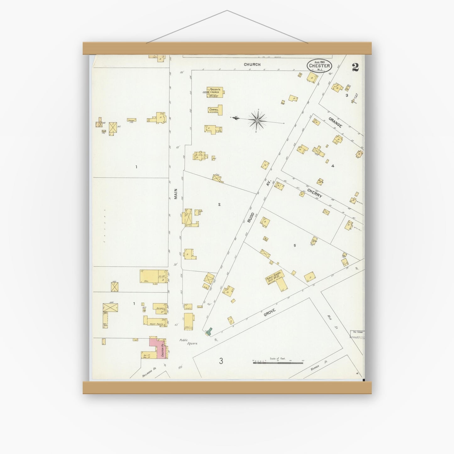 Old map wall art mockup — magnetic wood frame on white wall — Sanborn Fire Insurance Map from Chester, Morris County, New Jersey (1901), Sheet #0002