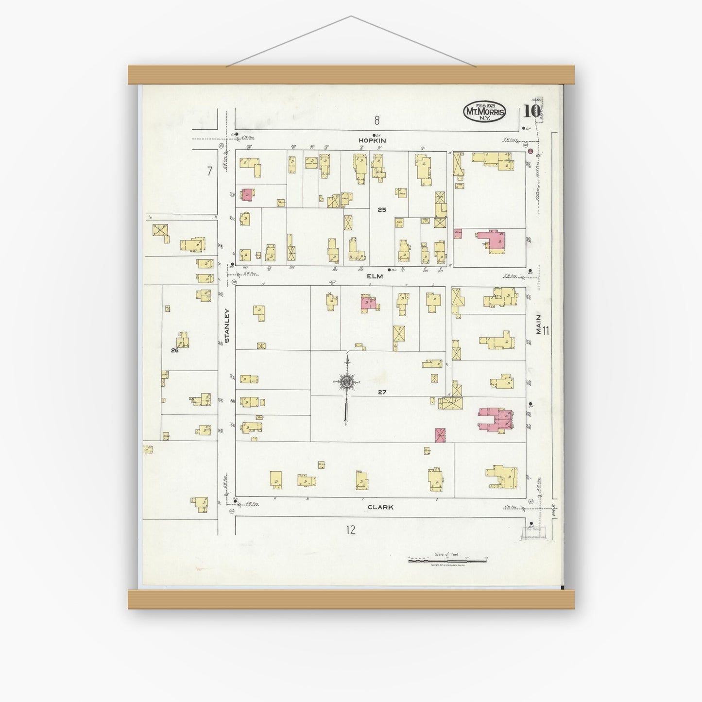 Old map wall art mockup — magnetic wood frame on white wall — Sanborn Fire Insurance Map from Mount Morris, Livingston County, New York (1921), Sheet #0010