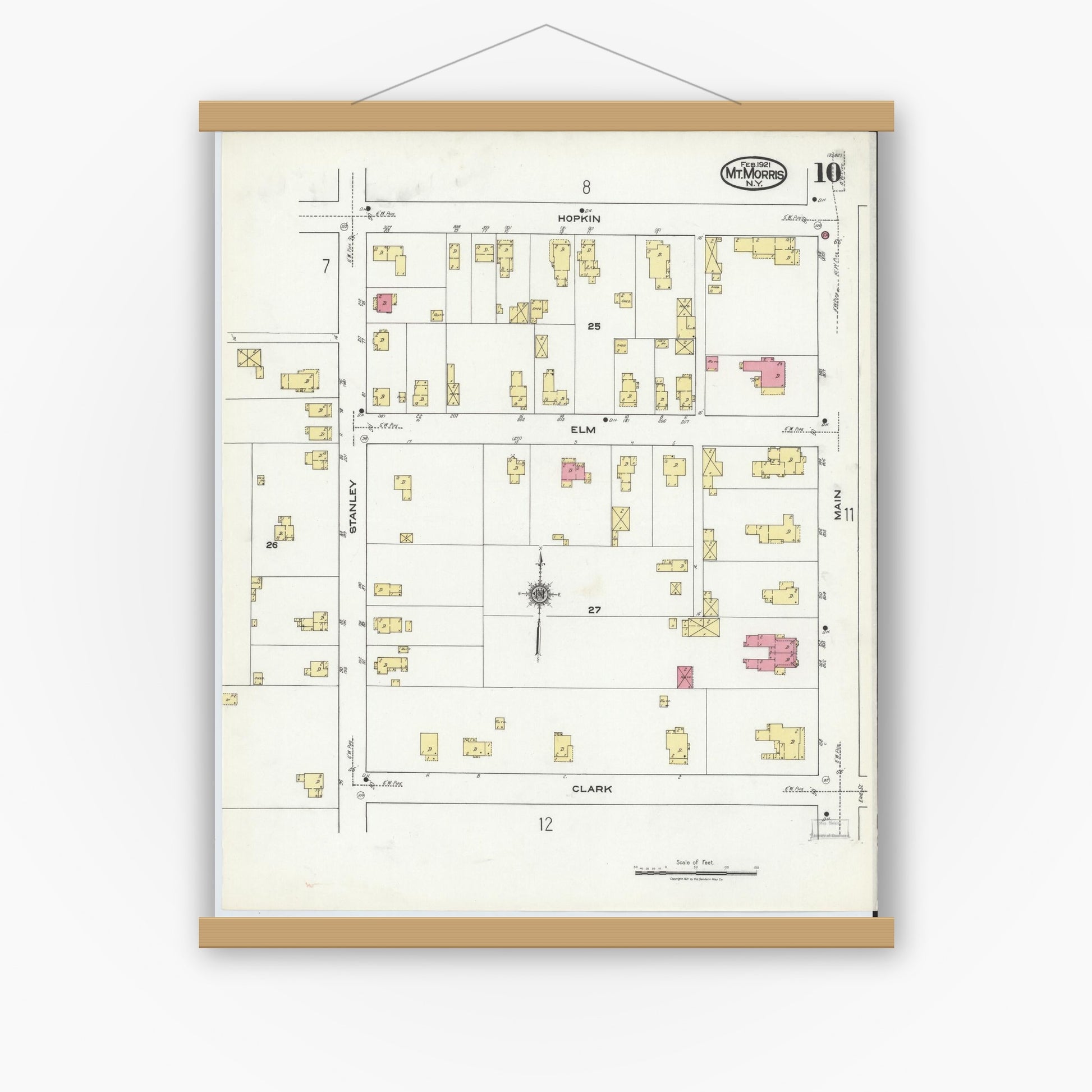 Old map wall art mockup — magnetic wood frame on white wall — Sanborn Fire Insurance Map from Mount Morris, Livingston County, New York (1921), Sheet #0010