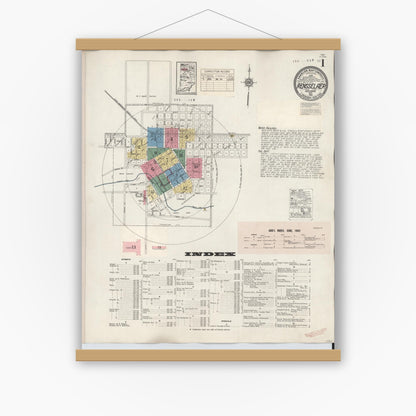 Old map wall art mockup — magnetic wood frame on white wall — Sanborn Fire Insurance Map from Rensselaer, Jasper County, Indiana (1942), Sheet #0001