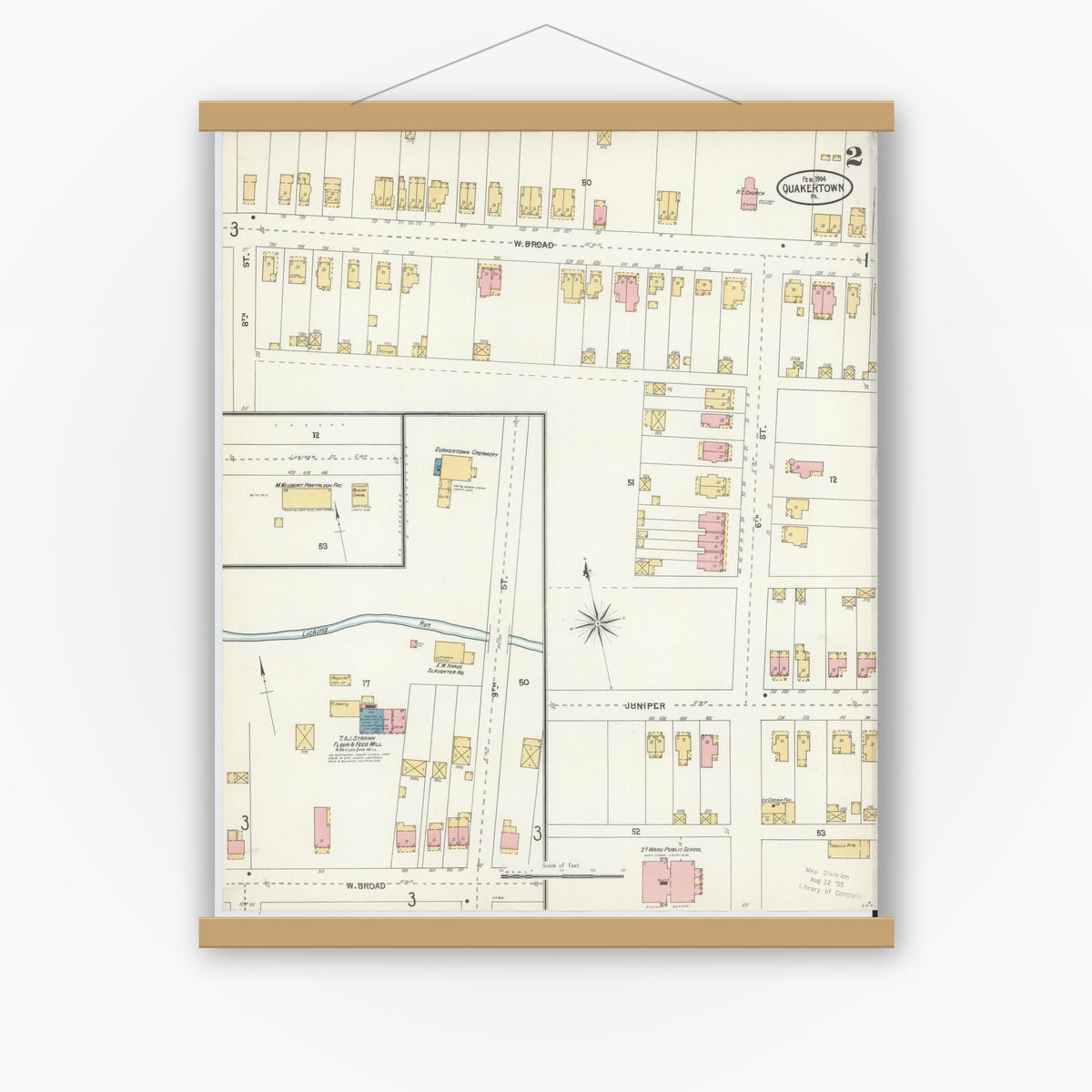 Old map wall art mockup — magnetic wood frame on white wall — Sanborn Fire Insurance Map from Quakertown, Bucks County, Pennsylvania (1904), Sheet #0002