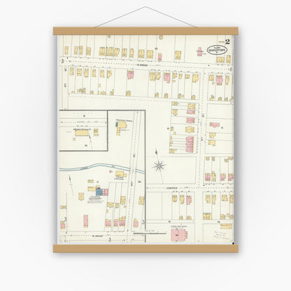 Old map wall art mockup — magnetic wood frame on white wall — Sanborn Fire Insurance Map from Quakertown, Bucks County, Pennsylvania (1904), Sheet #0002