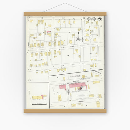 Old map wall art mockup — magnetic wood frame on white wall — Sanborn Fire Insurance Map from Winston-Salem, Forsyth County, North Carolina (1907), Sheet #0020