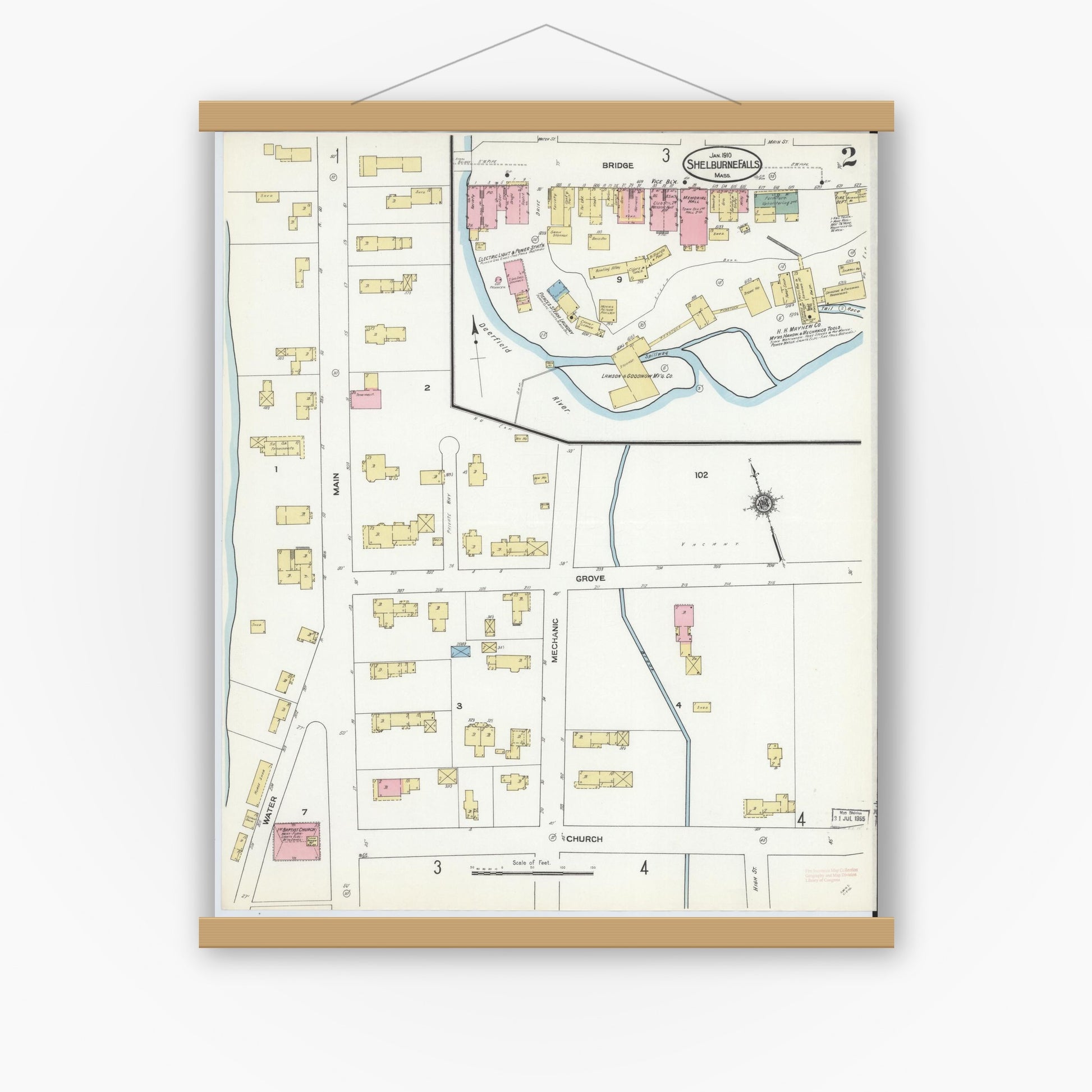 Old map wall art mockup — magnetic wood frame on white wall — Sanborn Fire Insurance Map from Shelburne Falls, Franklin County, Massachusetts (1910), Sheet #0002