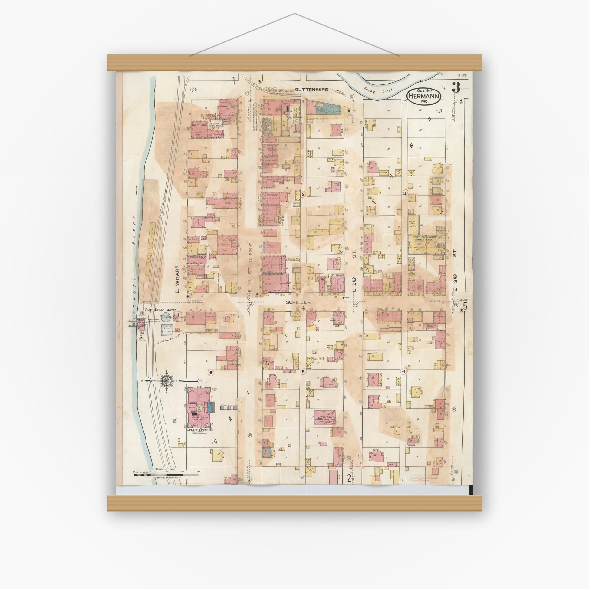 Old map wall art mockup — magnetic wood frame on white wall — Sanborn Fire Insurance Map from Hermann, Gasconade County, Missouri (1932), Sheet #0003