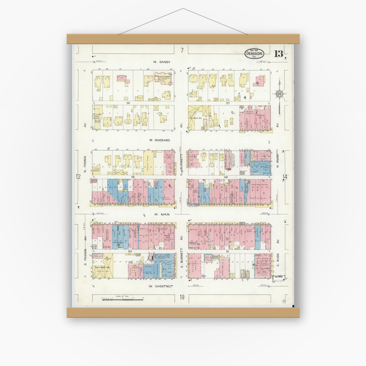 Old map wall art mockup — magnetic wood frame on white wall — Sanborn Fire Insurance Map from Denison, Grayson County, Texas (1914), Sheet #0013
