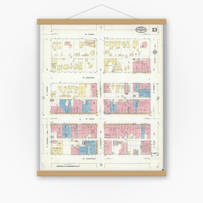 Old map wall art mockup — magnetic wood frame on white wall — Sanborn Fire Insurance Map from Denison, Grayson County, Texas (1914), Sheet #0013