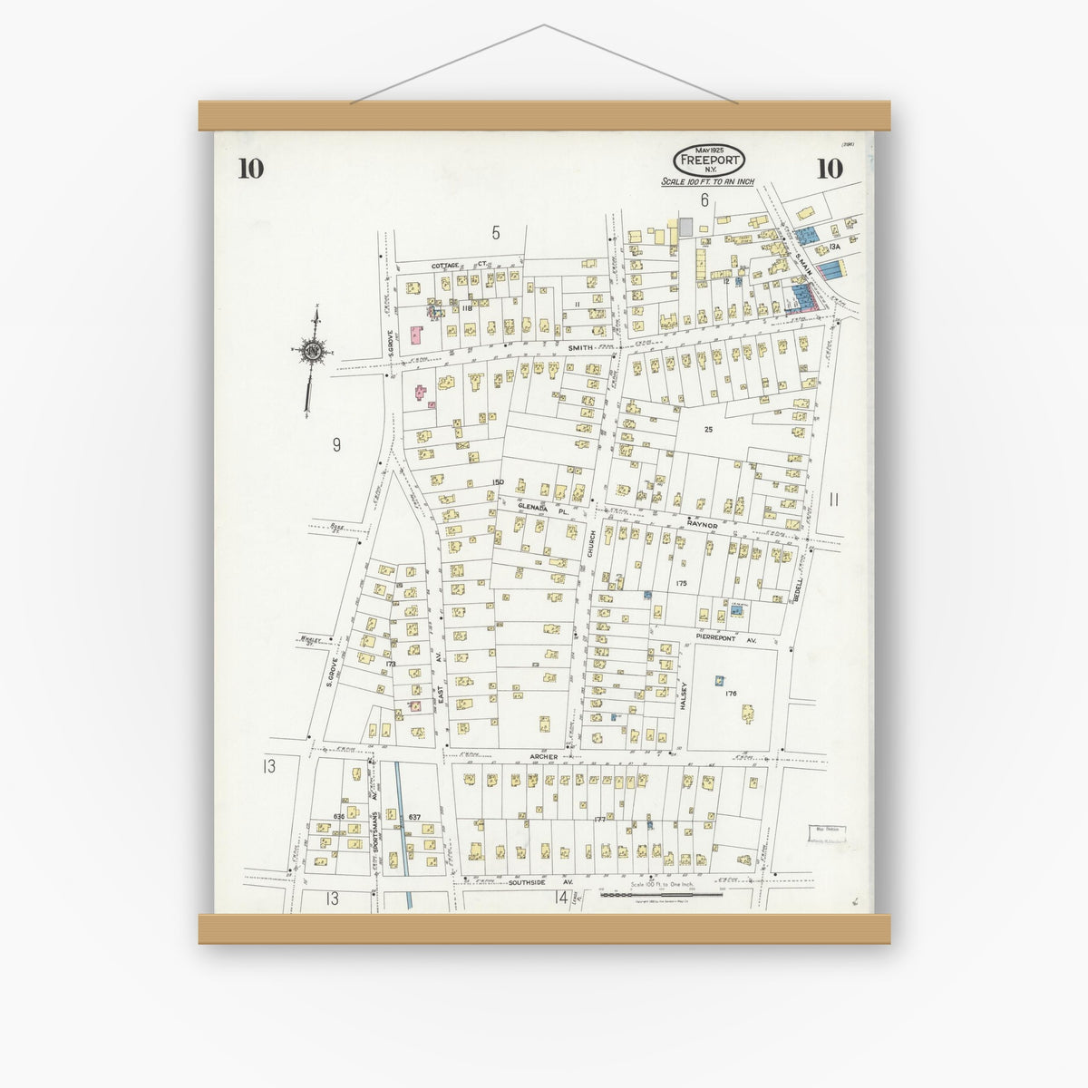 Old map wall art mockup — magnetic wood frame on white wall — Sanborn Fire Insurance Map from Freeport, Nassau County, New York (1925), Sheet #0010