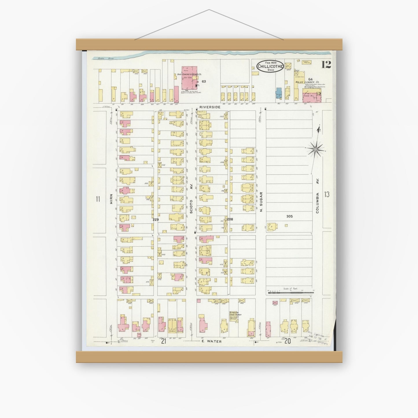 Old map wall art mockup — magnetic wood frame on white wall — Sanborn Fire Insurance Map from Chillicothe, Ross County, Ohio (1909), Sheet #0012