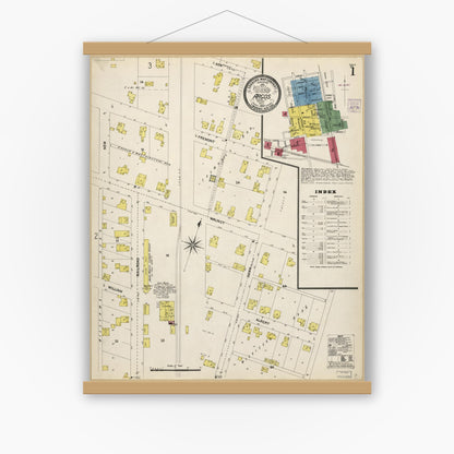 Old map wall art mockup — magnetic wood frame on white wall — Sanborn Fire Insurance Map from Argos, Marshall County, Indiana (1907), Sheet #0001
