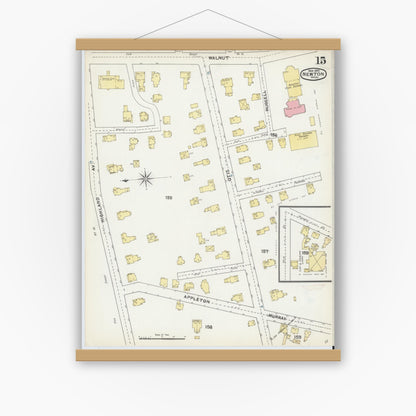 Old map wall art mockup — magnetic wood frame on white wall — Sanborn Fire Insurance Map from Newton, Middlesex County, Massachusetts (1892), Sheet #0015