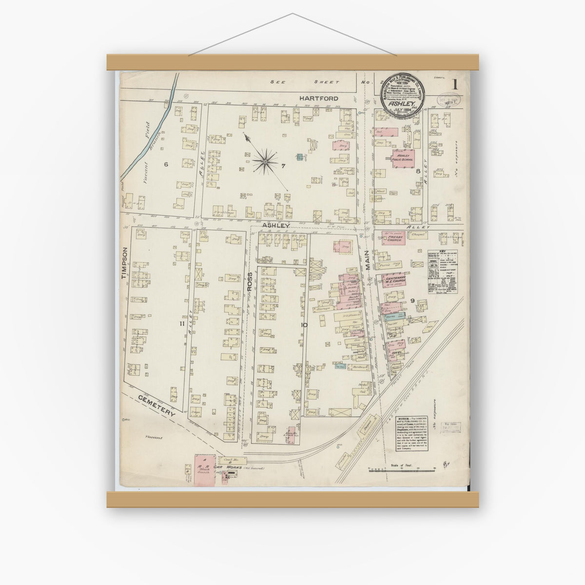 Old map wall art mockup — magnetic wood frame on white wall — Sanborn Fire Insurance Map from Ashley, Luzerne County, Pennsylvania (1884) - Complete Map Set