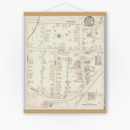Old map wall art mockup — magnetic wood frame on white wall — Sanborn Fire Insurance Map from Ashley, Luzerne County, Pennsylvania (1884) - Complete Map Set