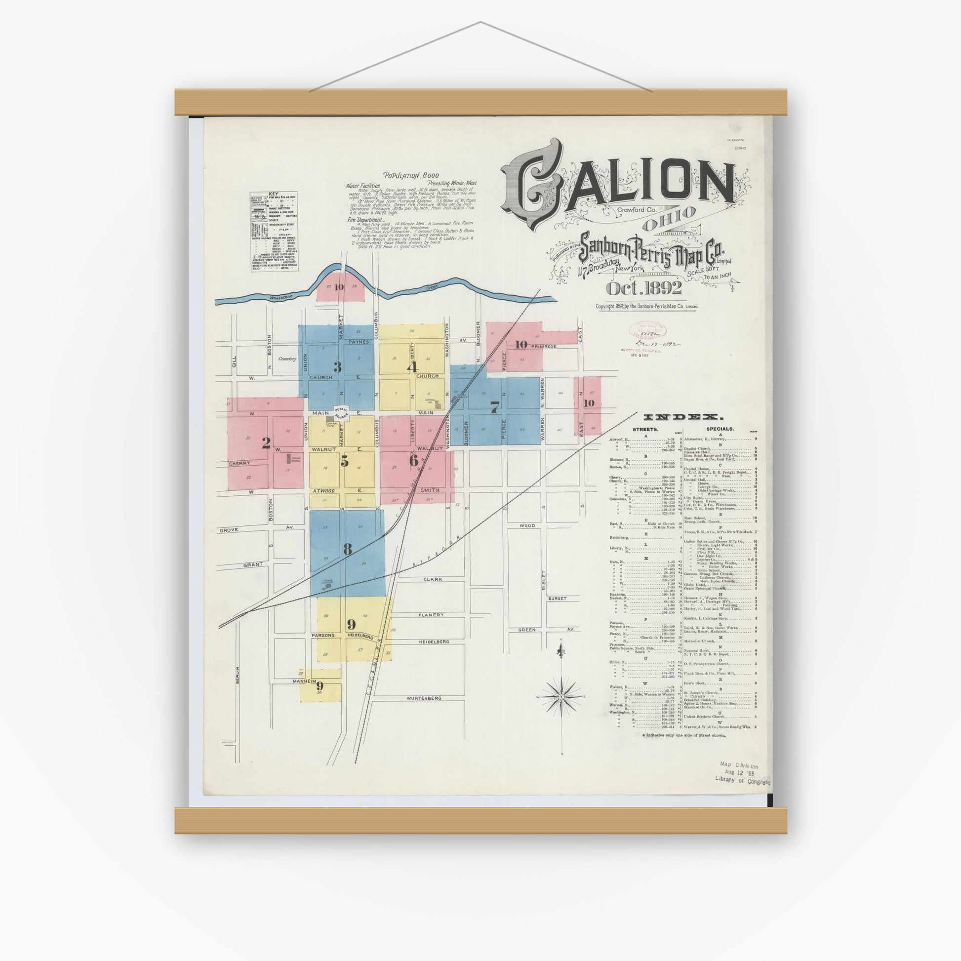 Old map wall art mockup — magnetic wood frame on white wall — Sanborn Fire Insurance Map from Galion, Crawford County, Ohio (1892) - Complete Map Set