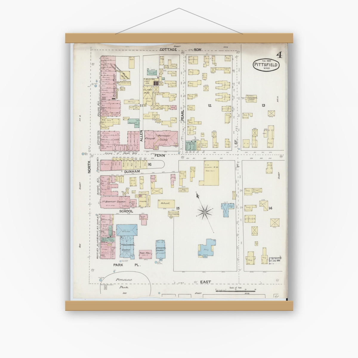 Old map wall art mockup — magnetic wood frame on white wall — Sanborn Fire Insurance Map from Pittsfield, Berkshire County, Massachusetts (1889), Sheet #0004