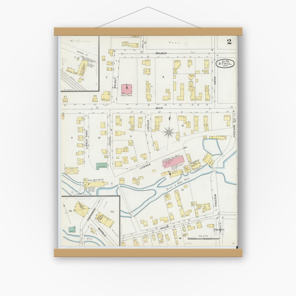 Old map wall art mockup — magnetic wood frame on white wall — Sanborn Fire Insurance Map from Athol, Worcester County, Massachusetts (1896), Sheet #0002
