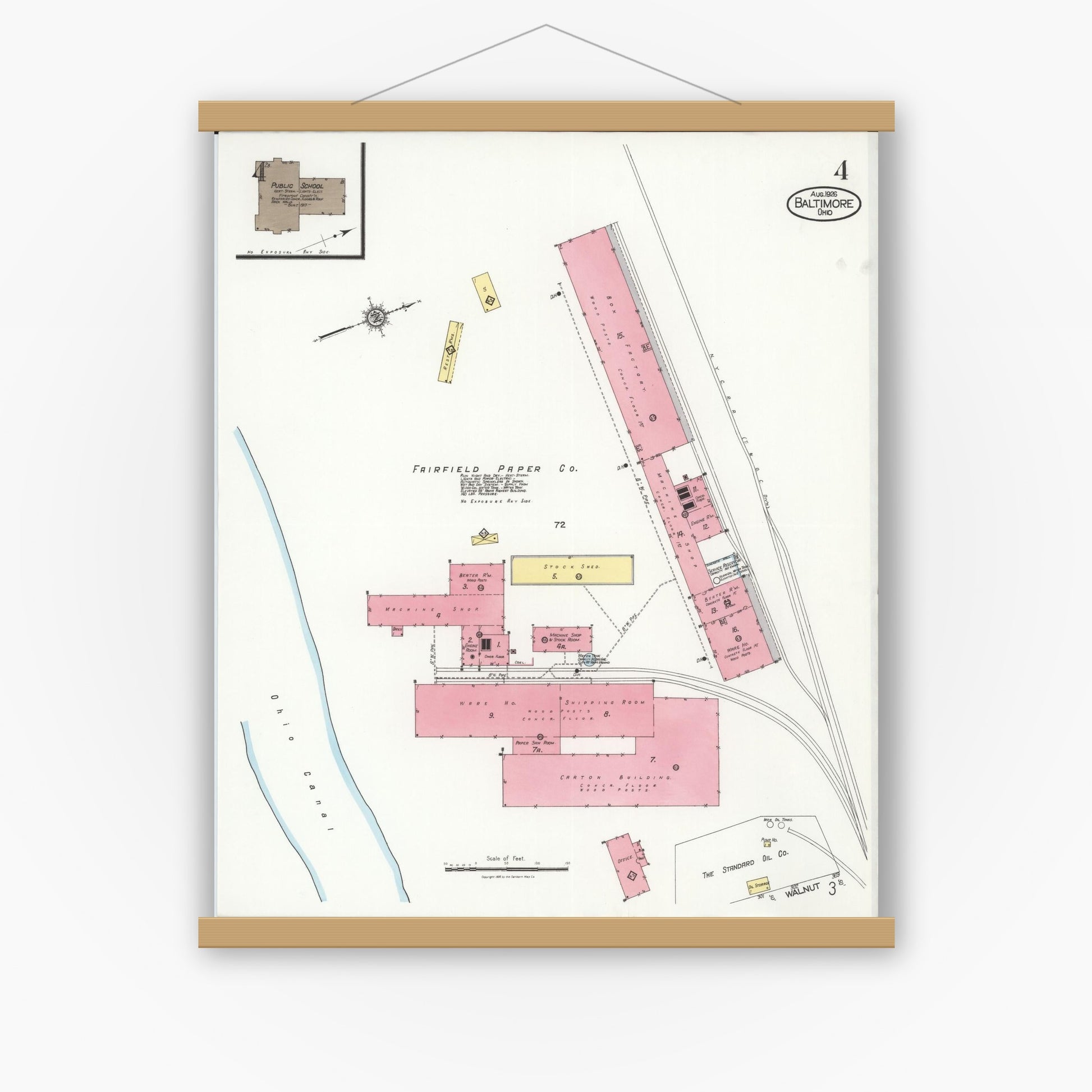 Old map wall art mockup — magnetic wood frame on white wall — Sanborn Fire Insurance Map from Baltimore, Fairfield County, Ohio (1926), Sheet #0004