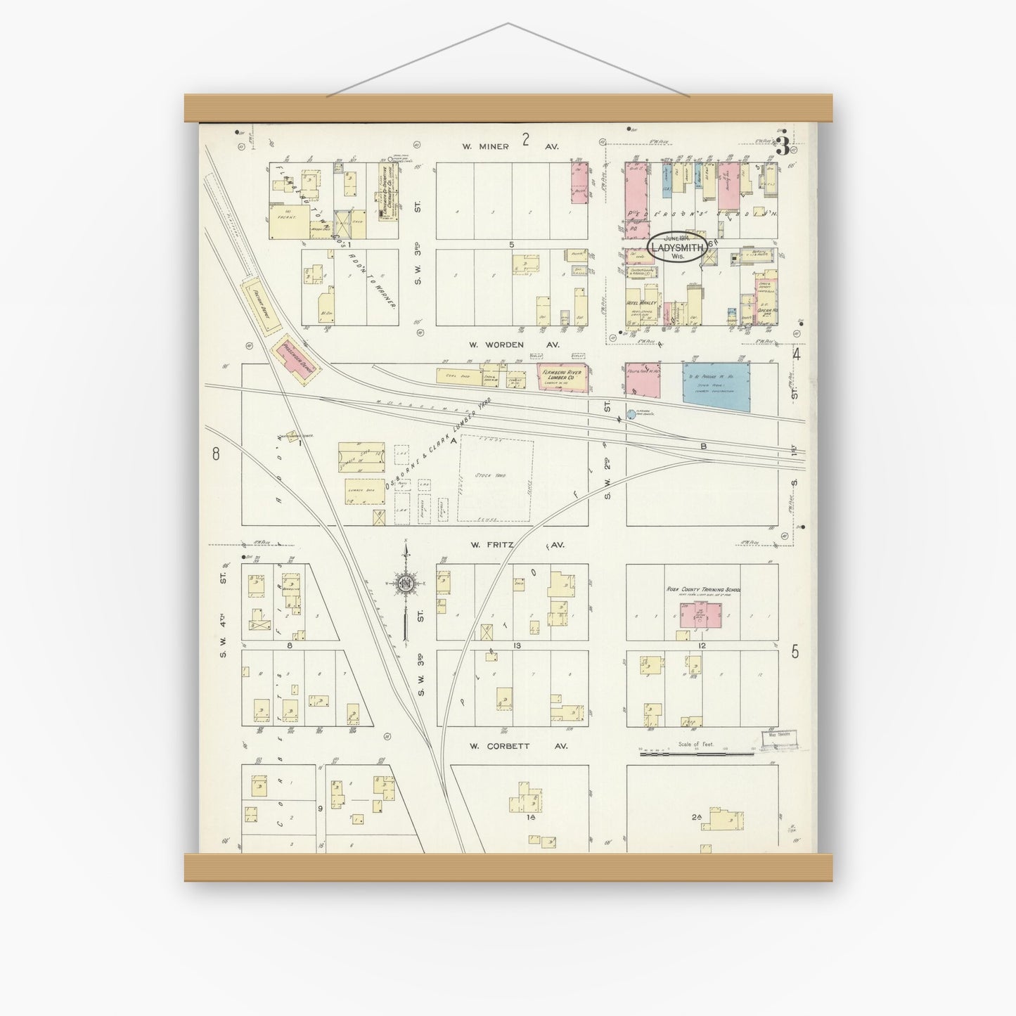 Old map wall art mockup — magnetic wood frame on white wall — Sanborn Fire Insurance Map from Ladysmith, Rusk County, Wisconsin (1914), Sheet #0003