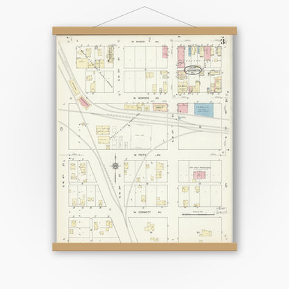 Old map wall art mockup — magnetic wood frame on white wall — Sanborn Fire Insurance Map from Ladysmith, Rusk County, Wisconsin (1914), Sheet #0003