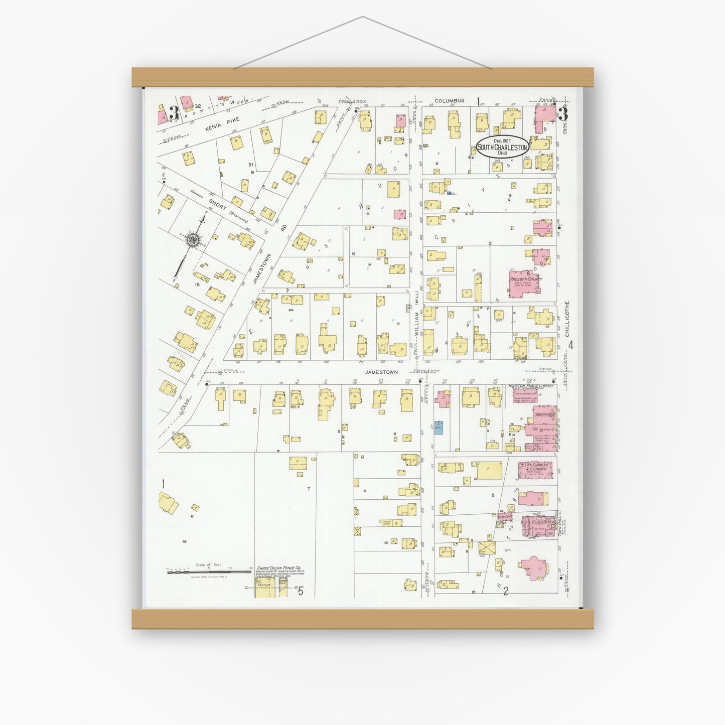Old map wall art mockup — magnetic wood frame on white wall — Sanborn Fire Insurance Map from South Charleston, Clark County, Ohio (1927), Sheet #0003
