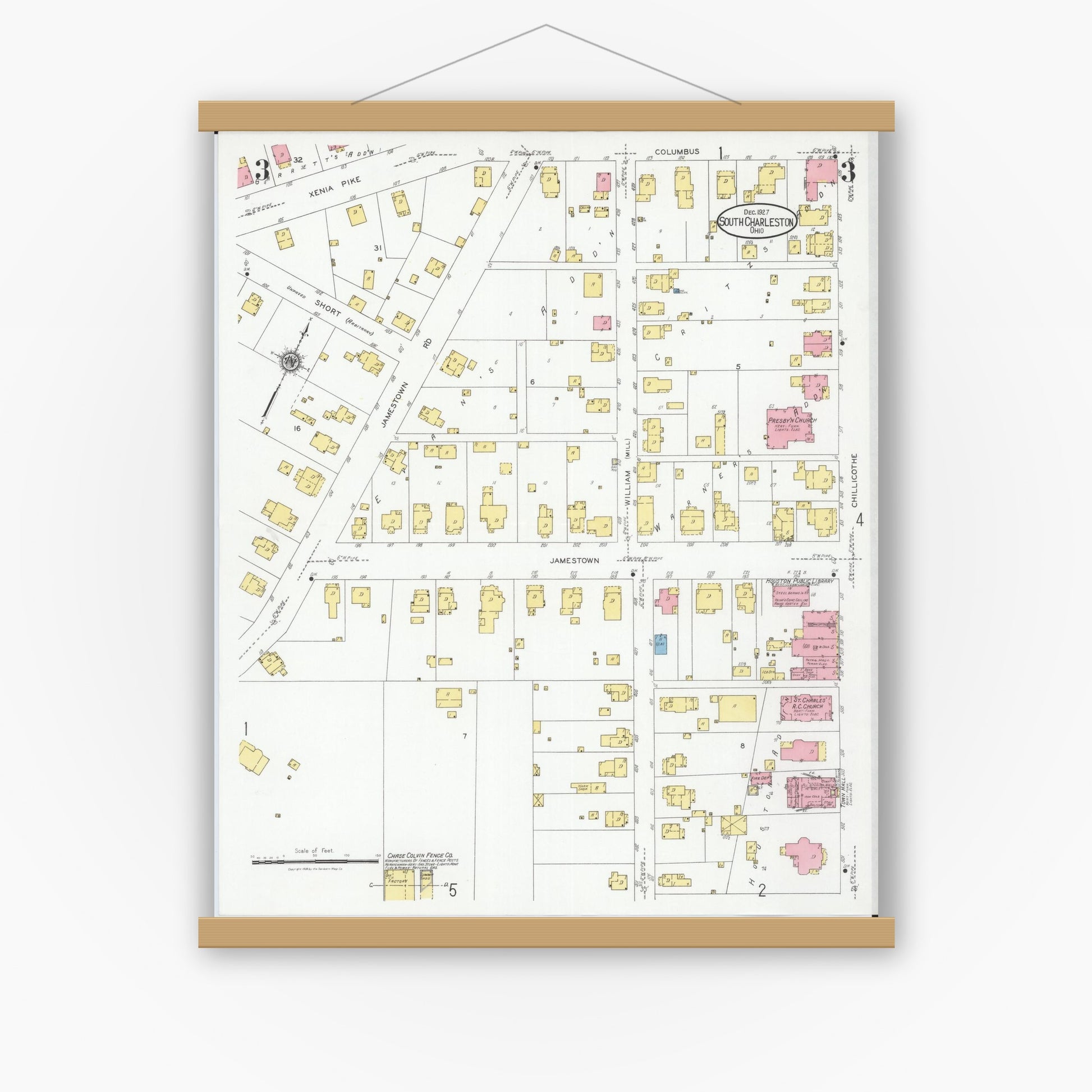 Old map wall art mockup — magnetic wood frame on white wall — Sanborn Fire Insurance Map from South Charleston, Clark County, Ohio (1927), Sheet #0003