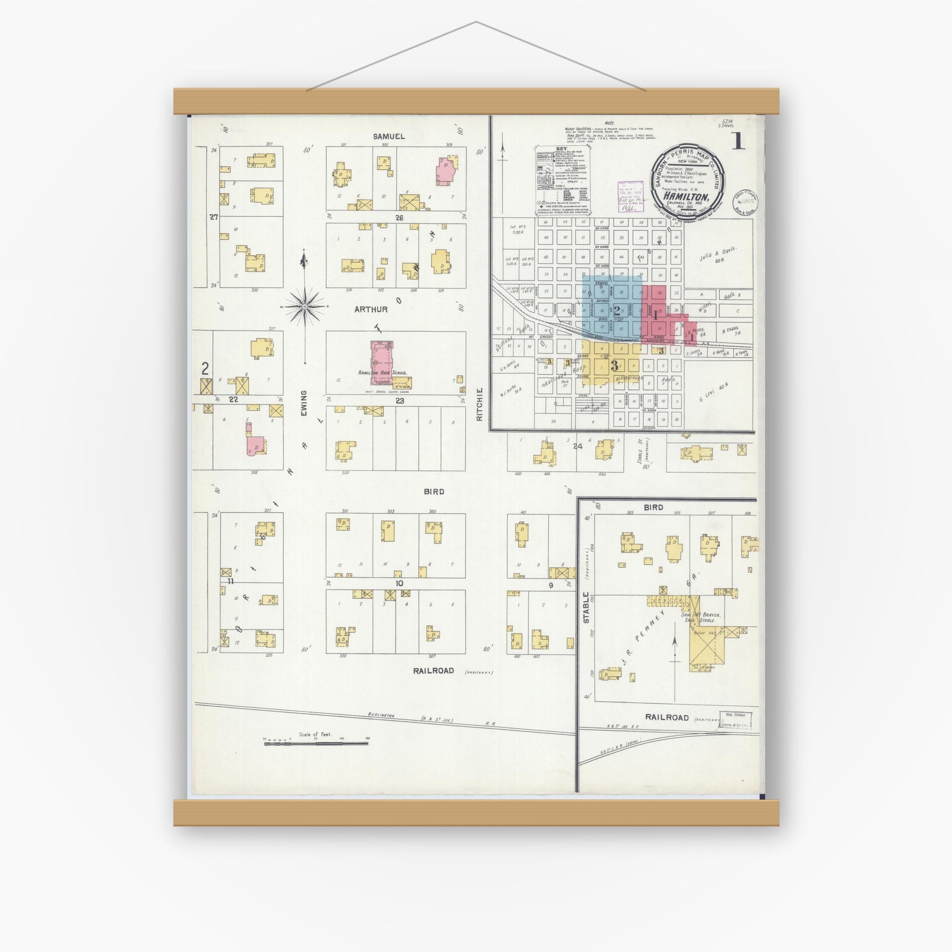Old map wall art mockup — magnetic wood frame on white wall — Sanborn Fire Insurance Map from Hamilton, Caldwell County, Missouri (1901) - Complete Map Set