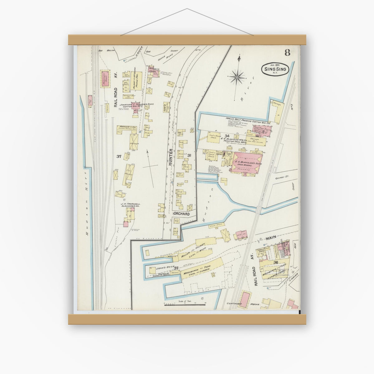 Old map wall art mockup — magnetic wood frame on white wall — Sanborn Fire Insurance Map from Sing Sing, Westchester County, New York (1891), Sheet #0008