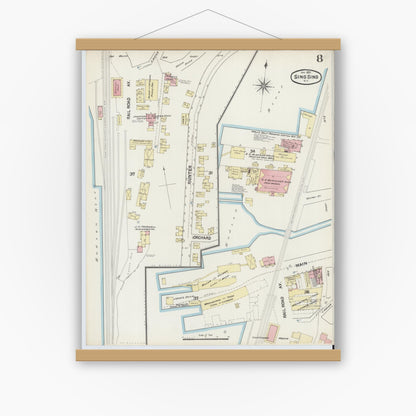 Old map wall art mockup — magnetic wood frame on white wall — Sanborn Fire Insurance Map from Sing Sing, Westchester County, New York (1891), Sheet #0008