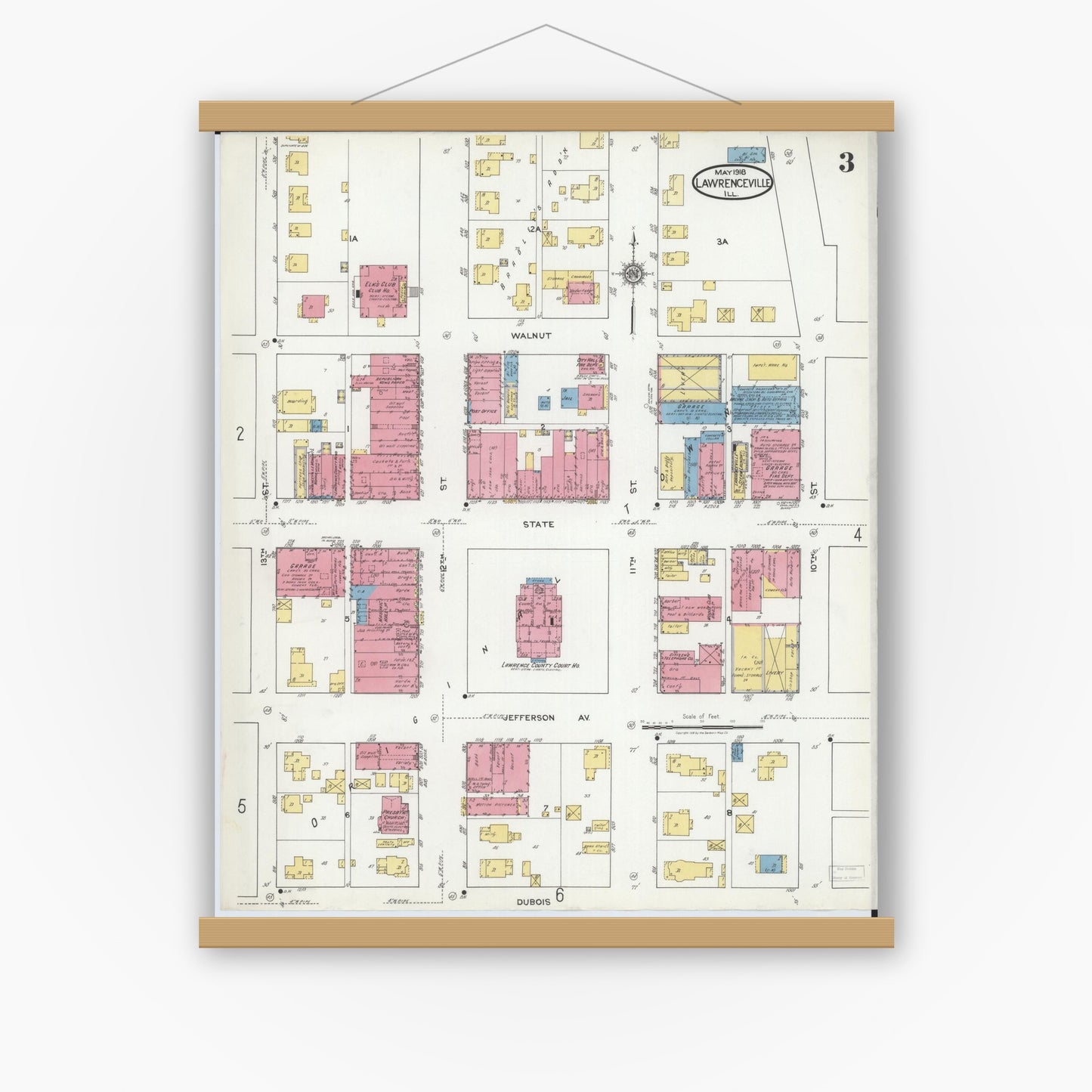 Old map wall art mockup — magnetic wood frame on white wall — Sanborn Fire Insurance Map from Lawrenceville, Lawrence County, Illinois (1918), Sheet #0003