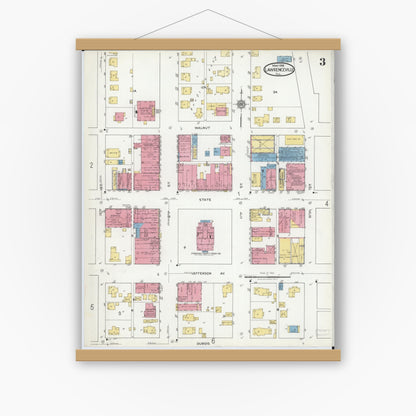 Old map wall art mockup — magnetic wood frame on white wall — Sanborn Fire Insurance Map from Lawrenceville, Lawrence County, Illinois (1918), Sheet #0003