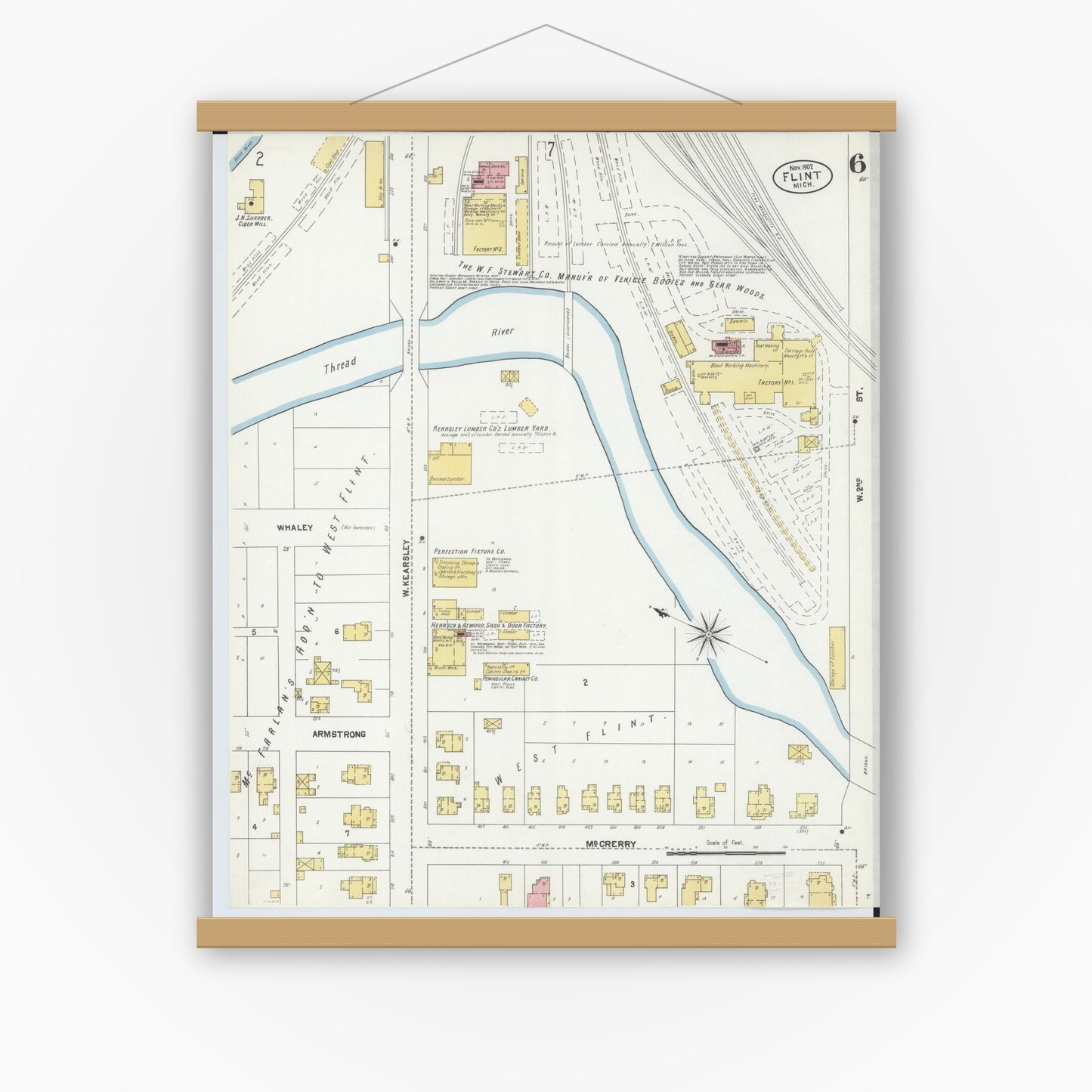 Old map wall art mockup — magnetic wood frame on white wall — Sanborn Fire Insurance Map from Flint, Genesee County, Michigan (1902), Sheet #0006